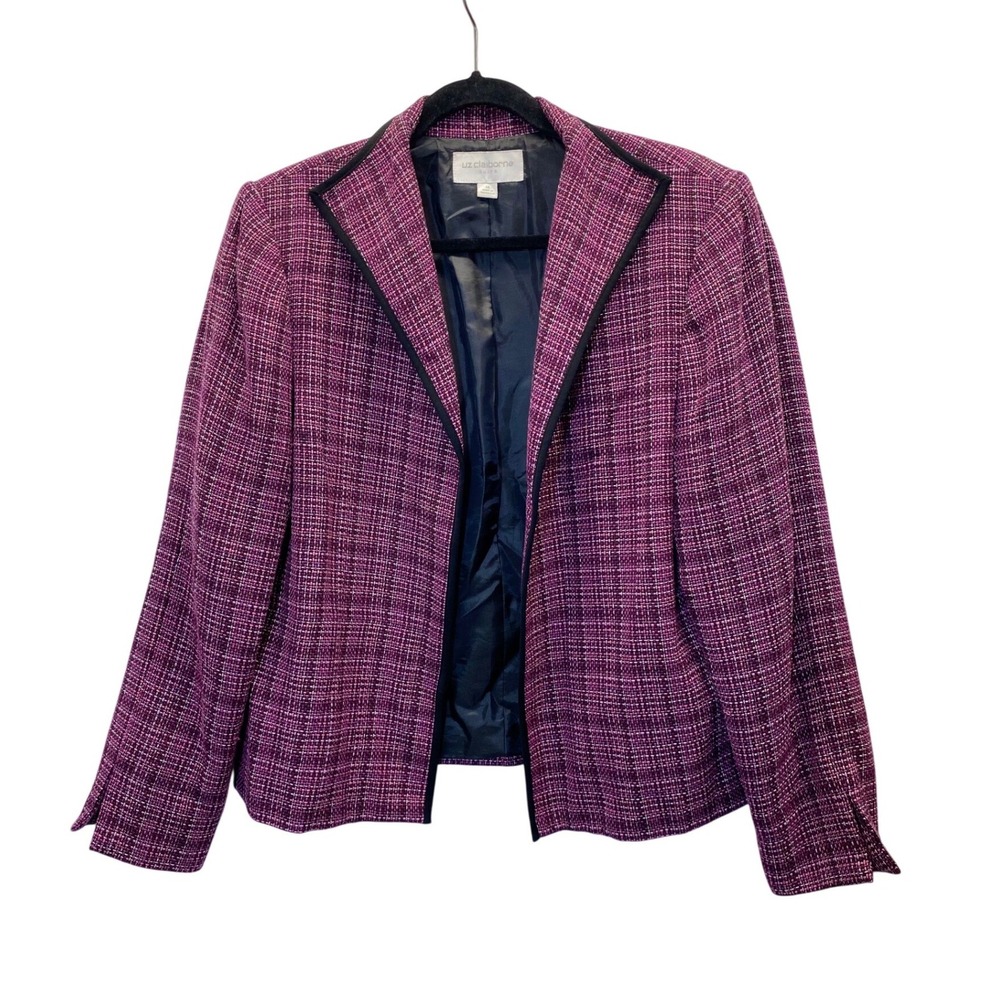 Liz Claiborne Suits Blazer Women 14 Purple Tweed Open Front Black Trim Jacket